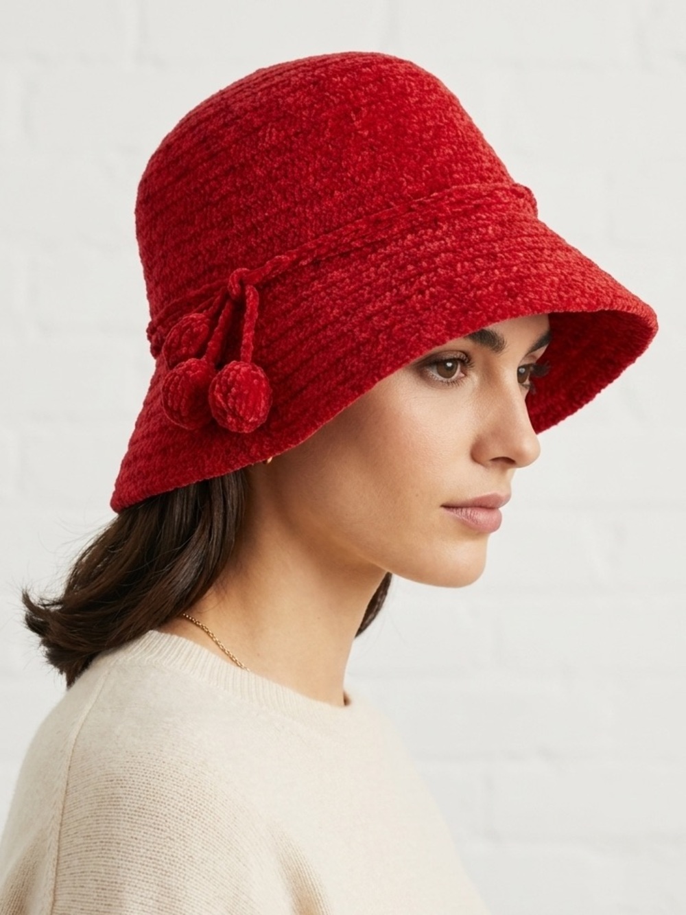 Vintage ETMAR New York Red Cloche Hat Pom Pom Winter Cottagecore